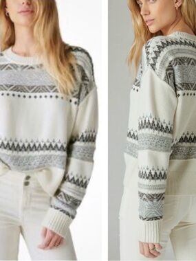 Lucky Brand Ivory and Gray Fair Isle Crewneck Sweater